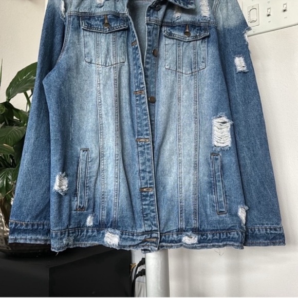American Bazi Plus Oversized Denim/Jean Jacket Sz 2X Distressed destroyed Blue - Picture 3 of 10
